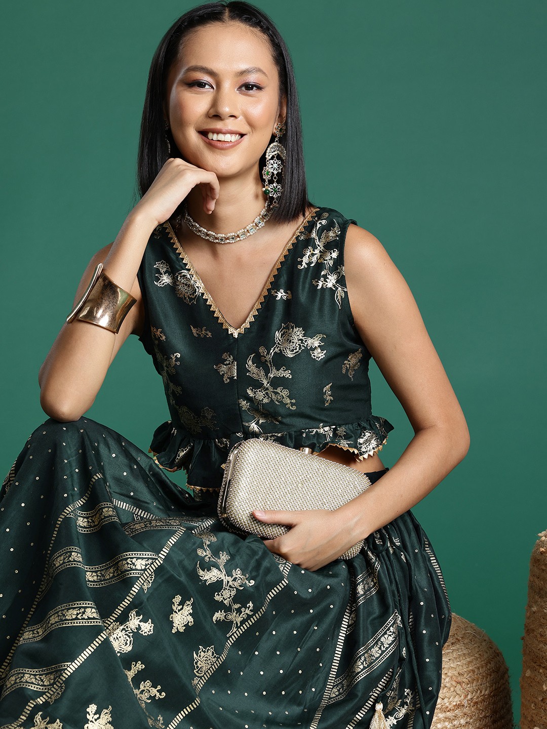 

Sangria Ethnic Printed Ready to Wear Lehenga Choli, Green