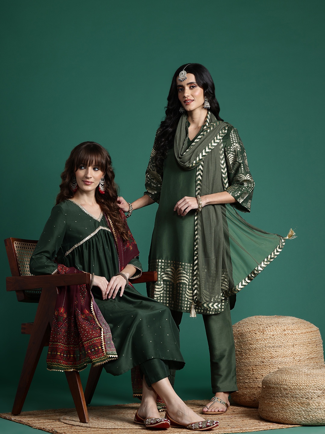 Sangria Ethnic Printed Kurta Set With Dupatta, Green