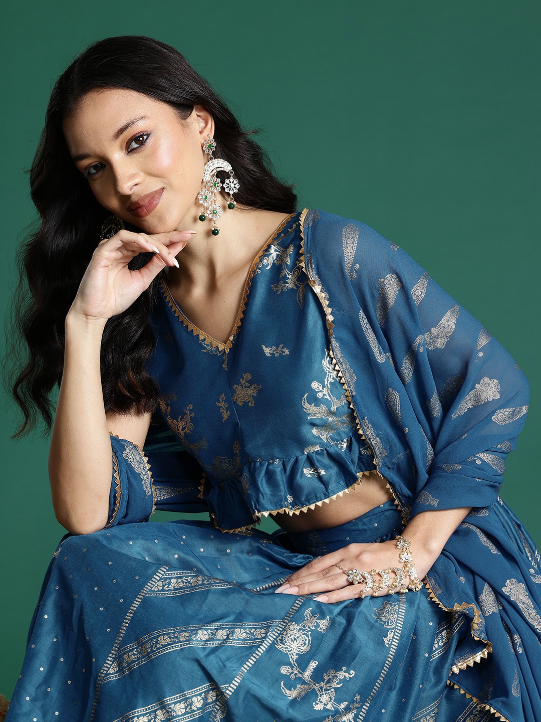 

Sangria Block Print Ready to Wear Lehenga Choli with Dupatta, Teal