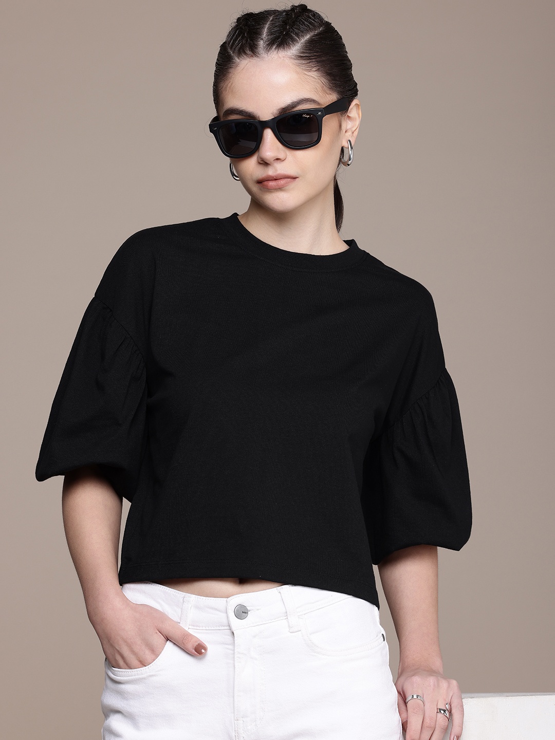 

The Roadster Life Co. Solid Puff Sleeves Crop Top, Black
