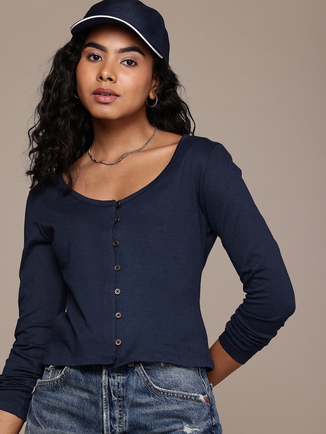 

The Roadster Life Co. Scoop Neck Long Sleeves Knitted Top, Navy blue
