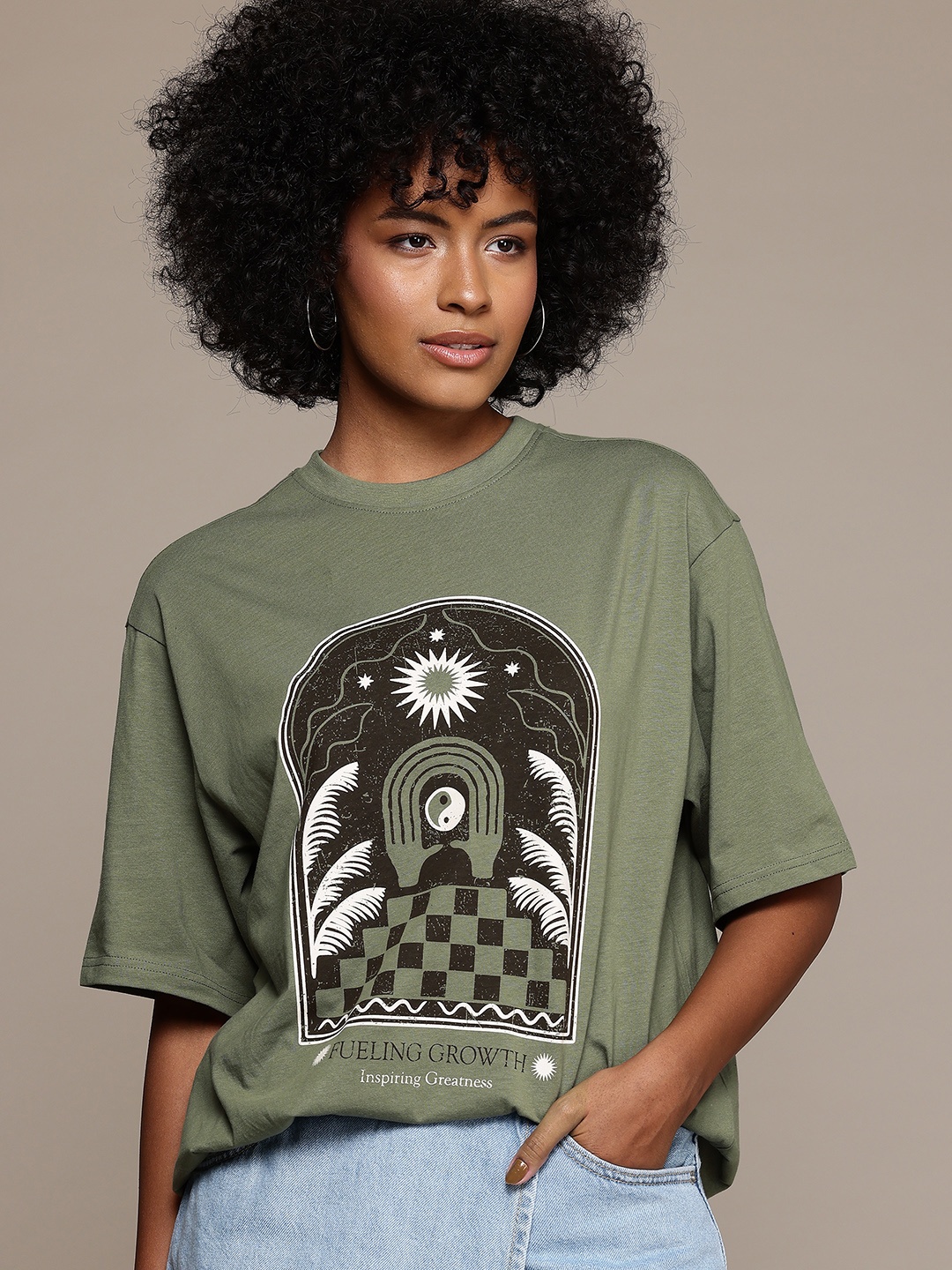 

The Roadster Lifestyle Co. Printed Drop-Shoulder Pure Cotton T-shirt, Olive