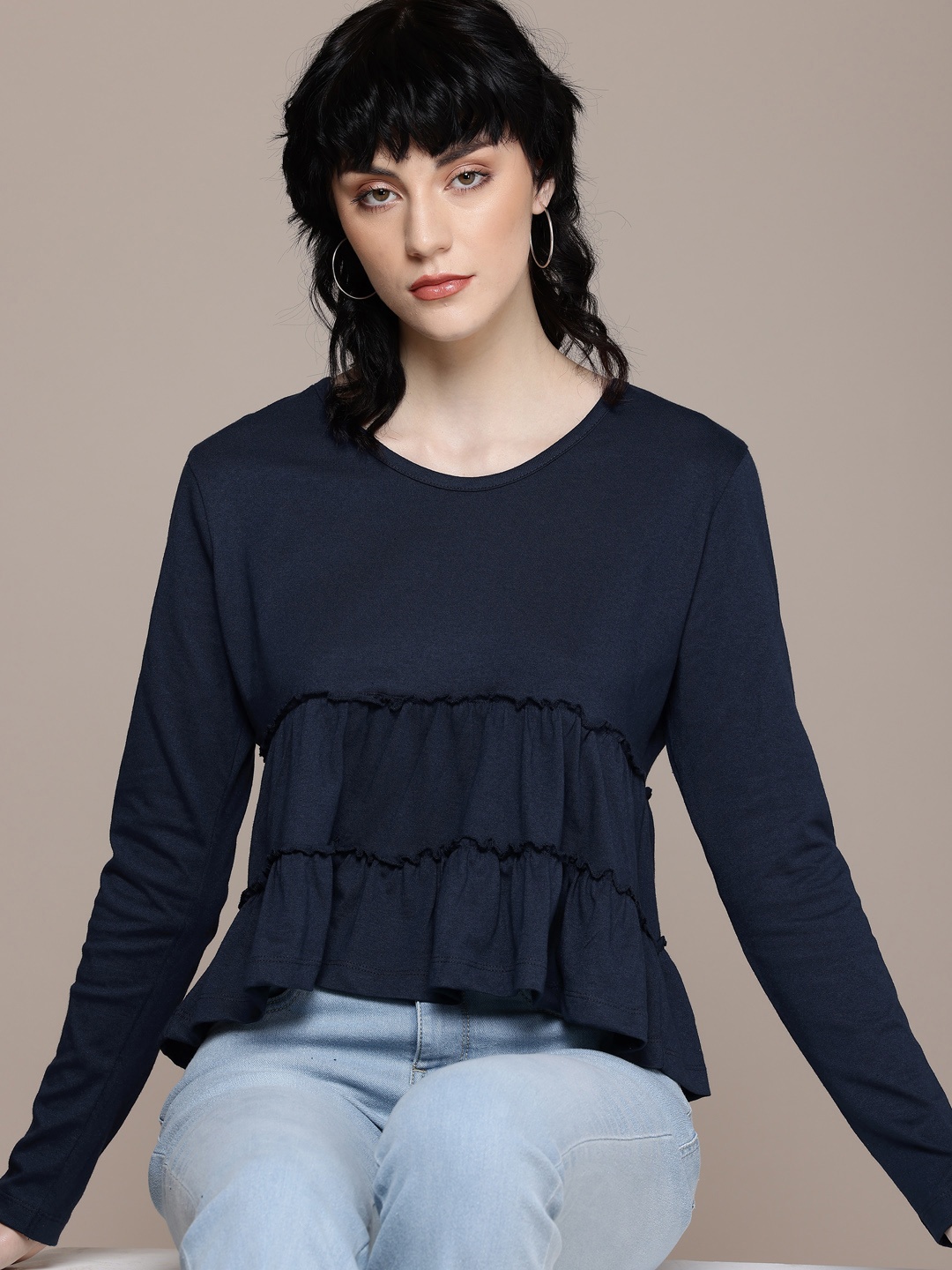

The Roadster Life Co. Gathered Detailed Tiered A-Line Top, Navy blue