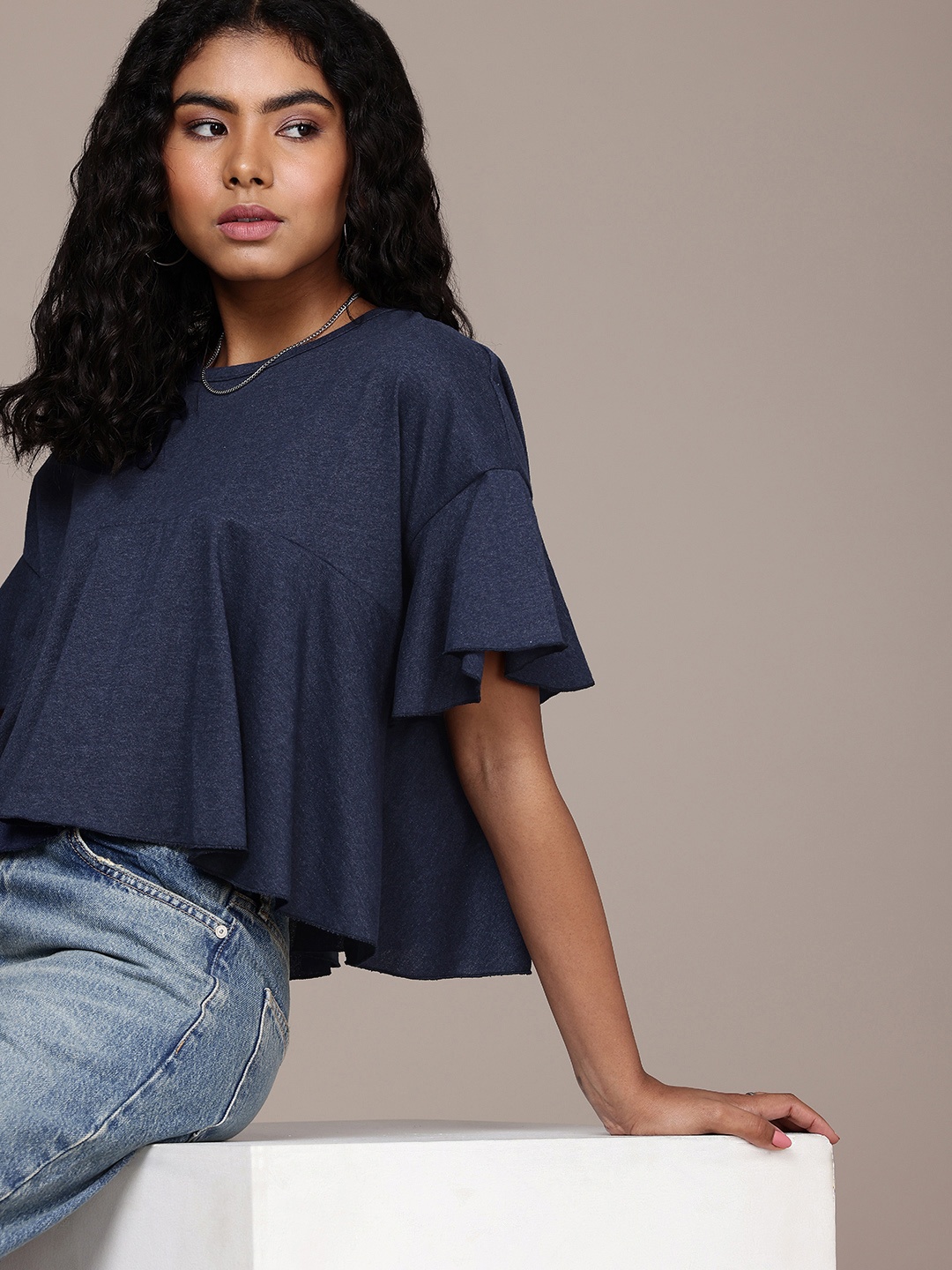 

The Roadster Life Co. Flared Sleeves Empire Top, Navy blue