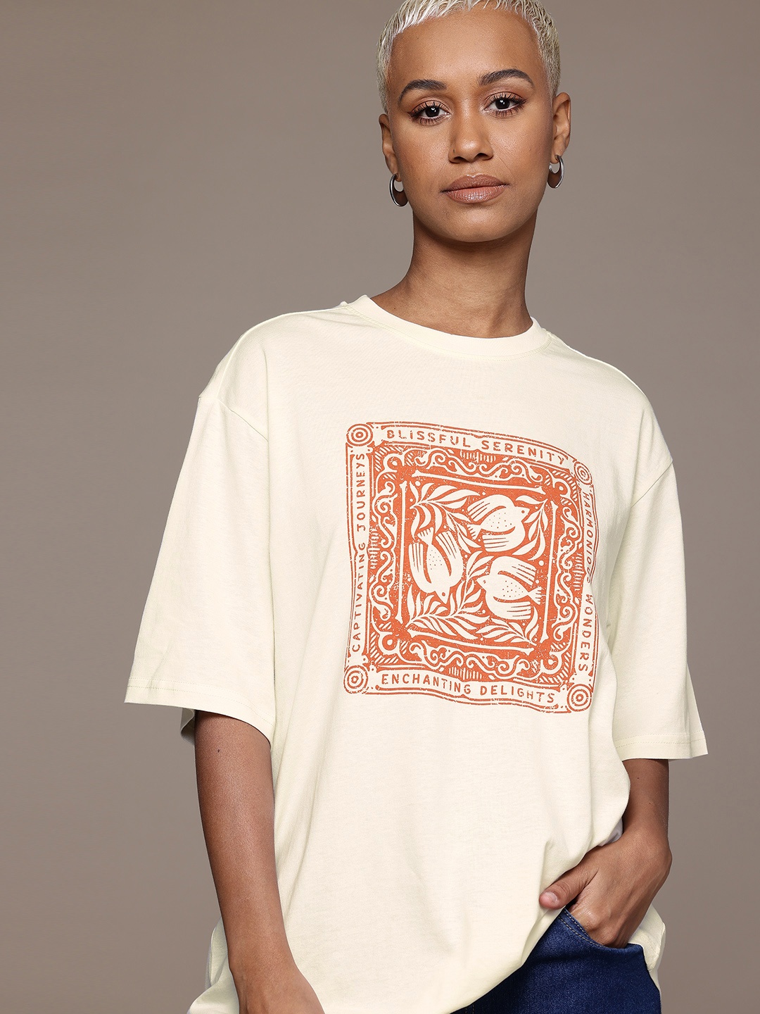 

The Roadster Lifestyle Co. Printed Drop-Shoulder Oversized Pure Cotton T-shirt, Off white