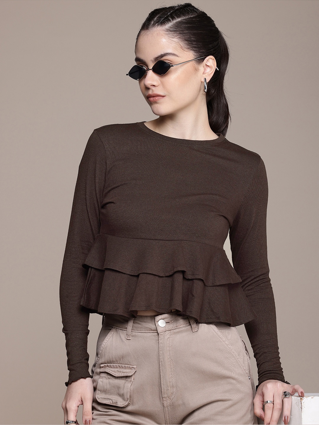 

The Roadster Life Co. Ruffles Detail A-Line Top, Coffee brown