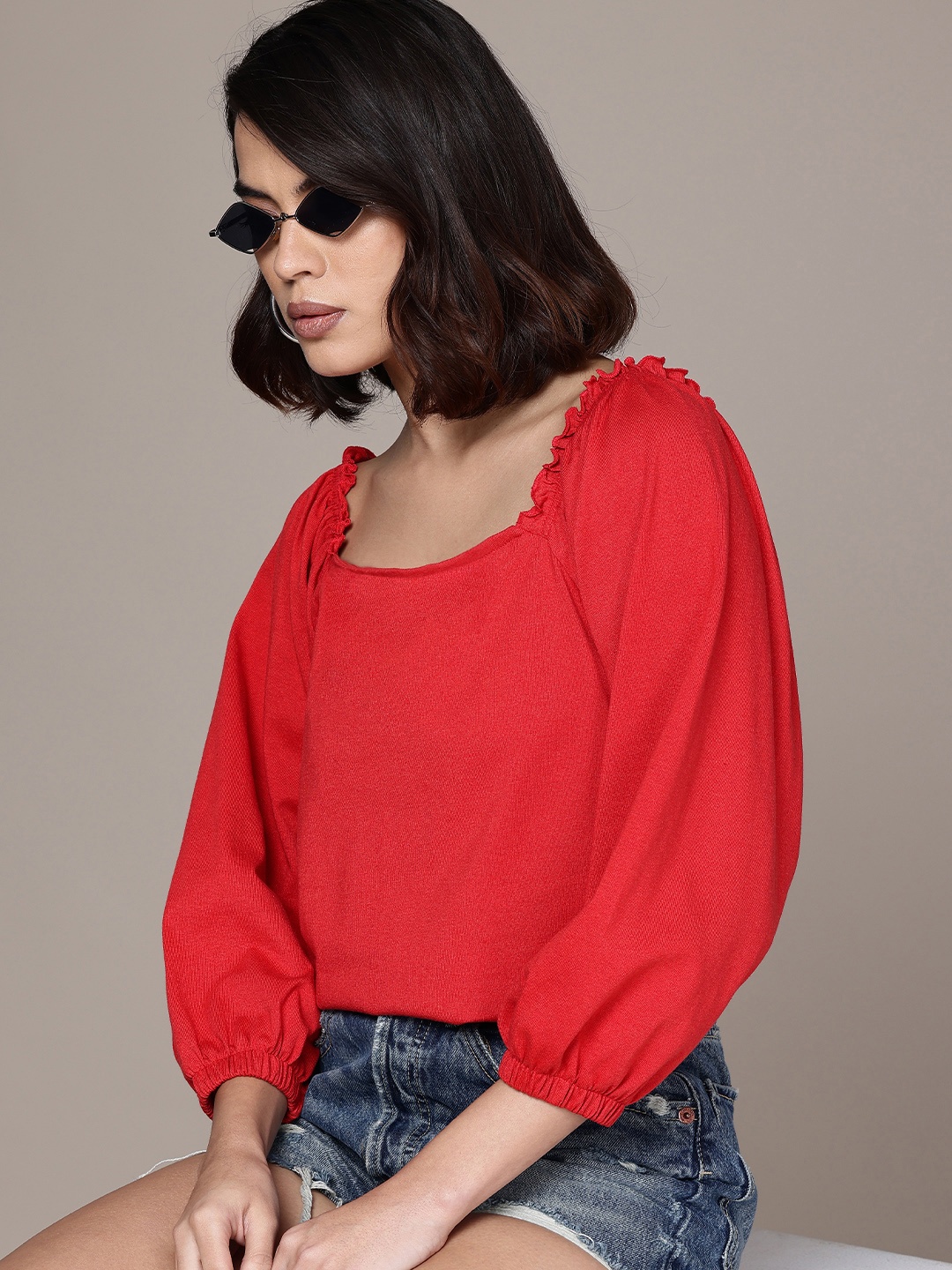 

The Roadster Life Co. Raglan Puff Sleeves Regular Top, Red