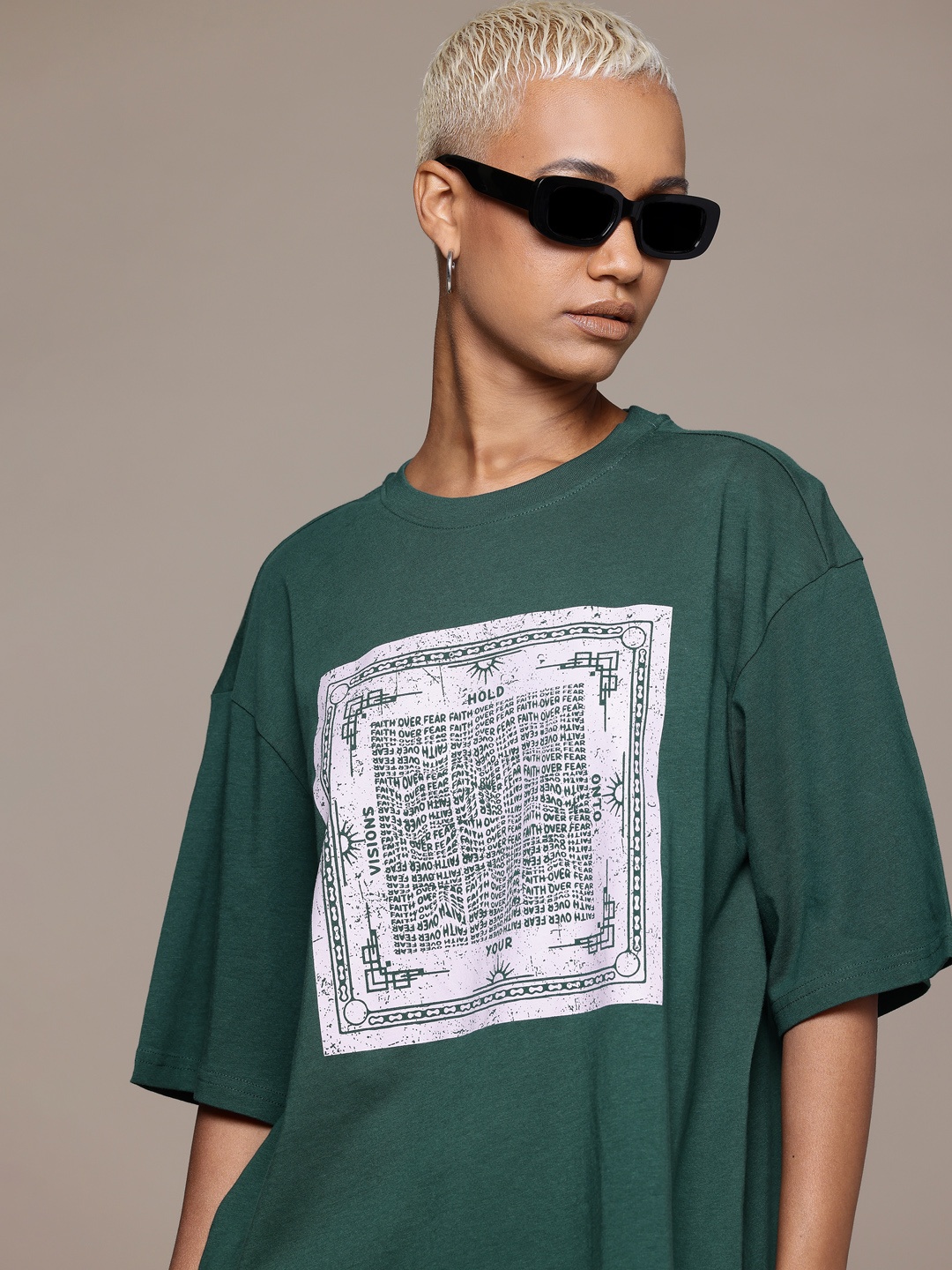 

The Roadster Lifestyle Co. Printed Drop-Shoulder Sleeves Pure Cotton Oversized T-shirt, Green