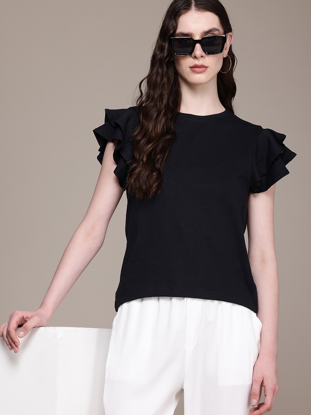 

The Roadster Life Co. Flutter Sleeves Ruffles Top, Black