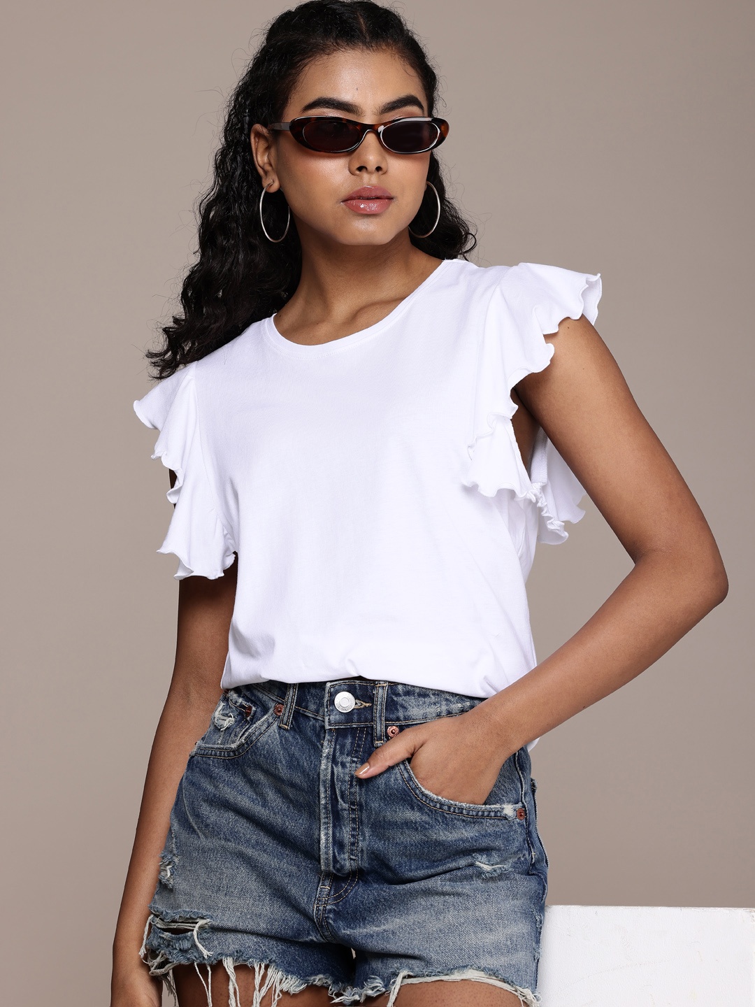 

The Roadster Life Co. Pure Cotton Flutter Sleeves Top, White