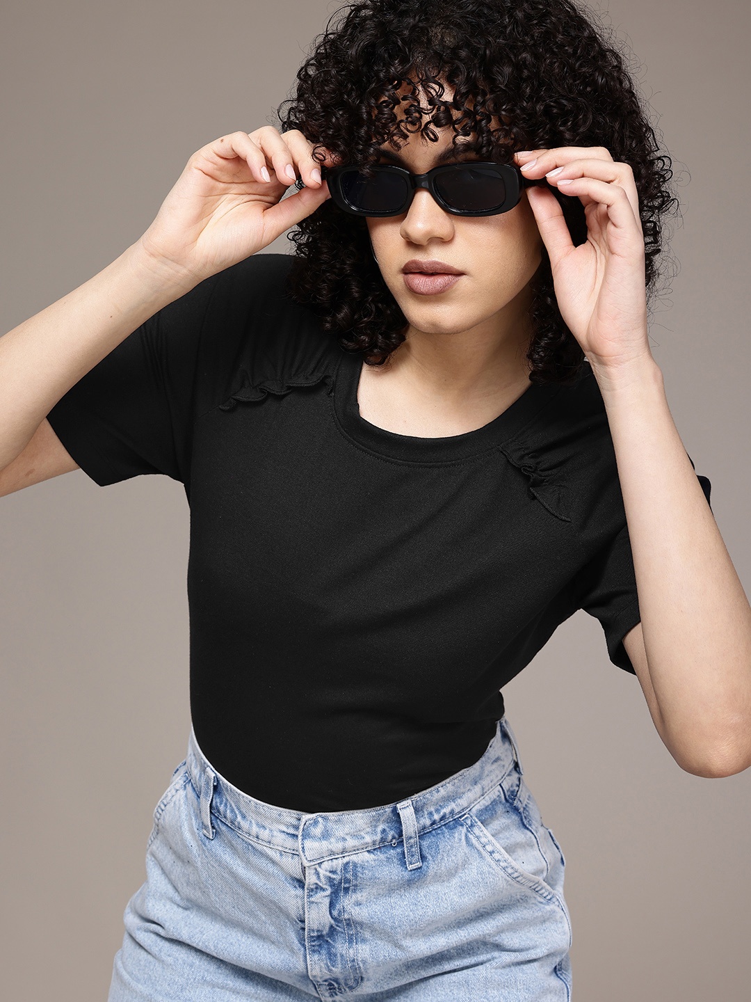 

The Roadster Life Co. Raglan Sleeves With Ruffles Detailed Top, Black