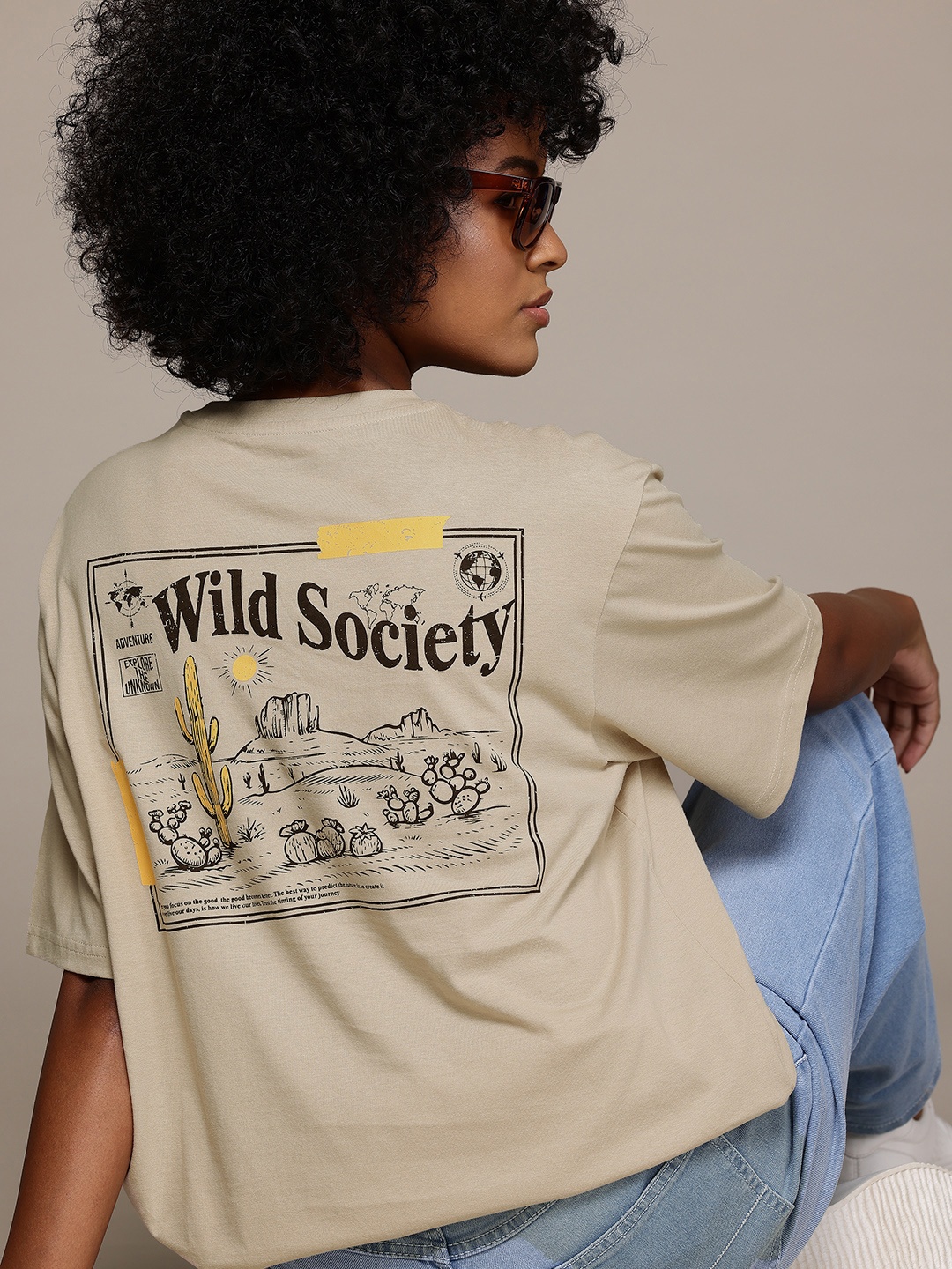

The Roadster Lifestyle Co. Women Printed Pure Cotton Oversized T-shirt, Beige