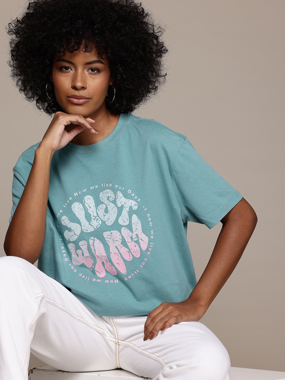 

The Roadster Lifestyle Co. Women Printed Pure Cotton Oversized T-shirt, Blue