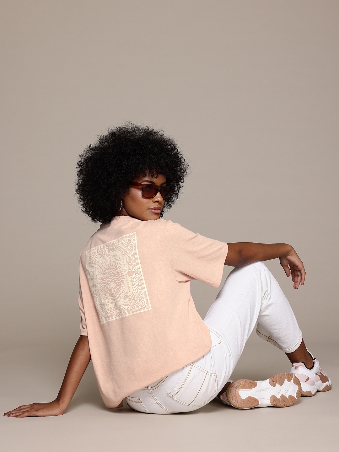 

The Roadster Lifestyle Co. Women Printed Pure Cotton Relaxed Fit T-shirt, Peach