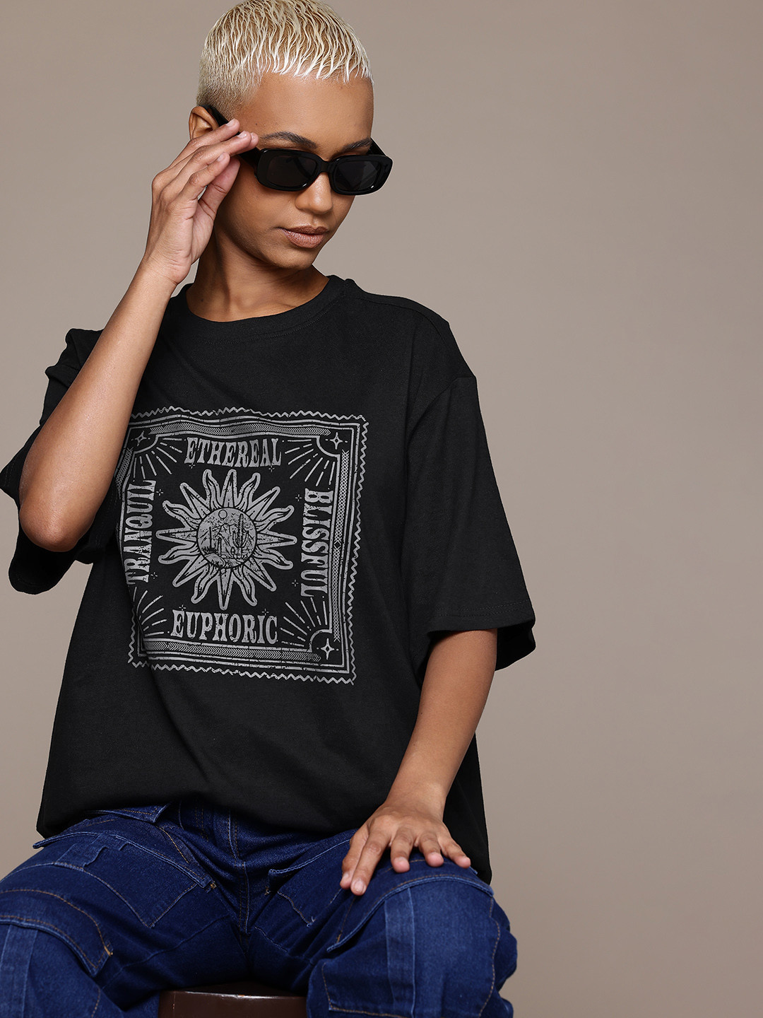 

The Roadster Lifestyle Co. Printed Drop-Shoulder Oversized Pure Cotton T-shirt, Black