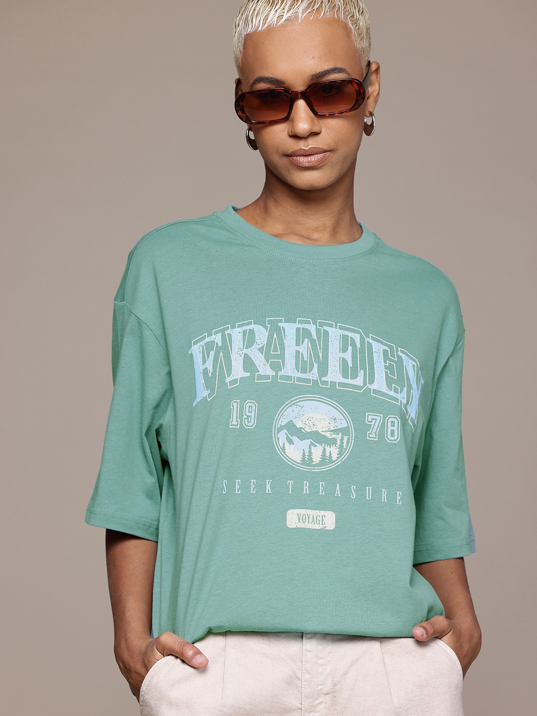 

The Roadster Lifestyle Co. Typography Printed Drop-Shoulder Oversized Pure Cotton T-shirt, Green