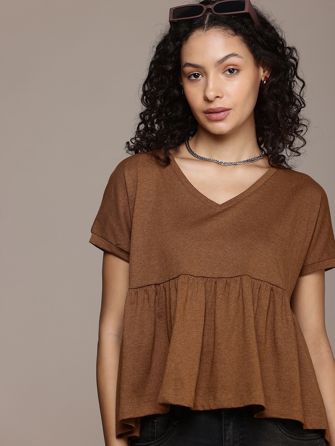 

The Roadster Life Co. V-Neck Extended Sleeves Knitted A-Line Top, Brown