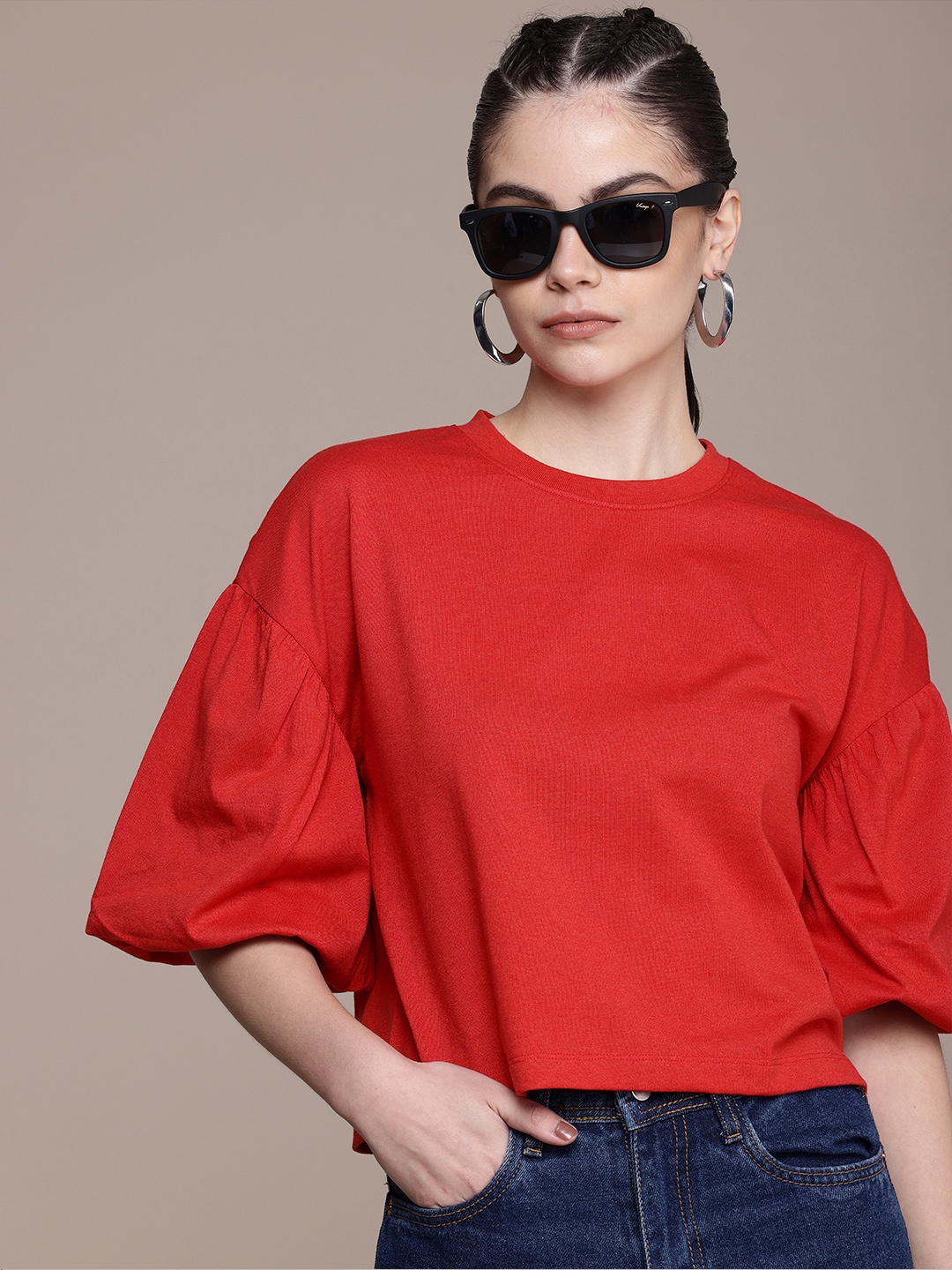 

The Roadster Life Co. Puff Sleeves Knitted Top, Red