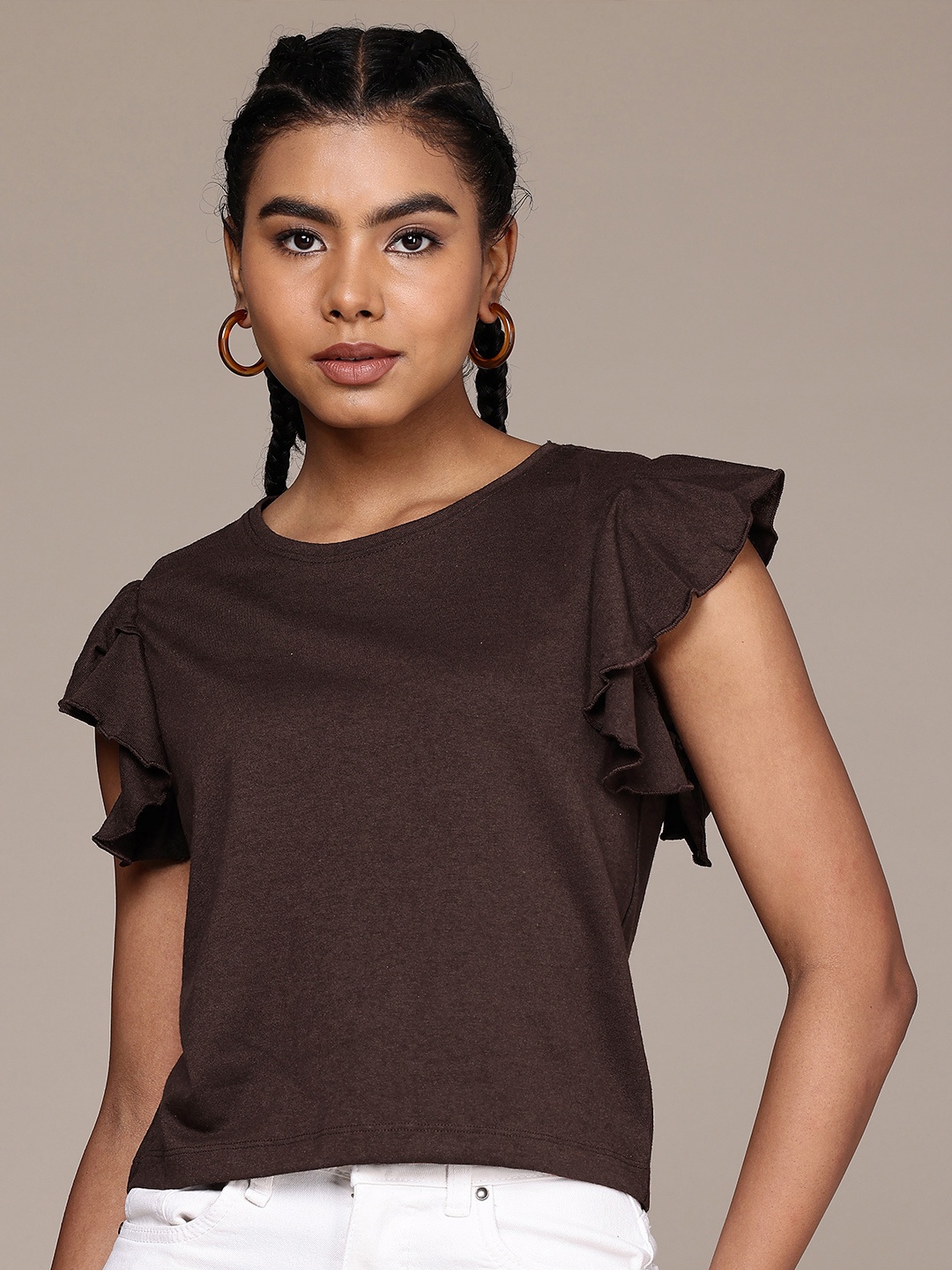 

The Roadster Life Co. Solid Flutter Sleeves Top, Coffee brown