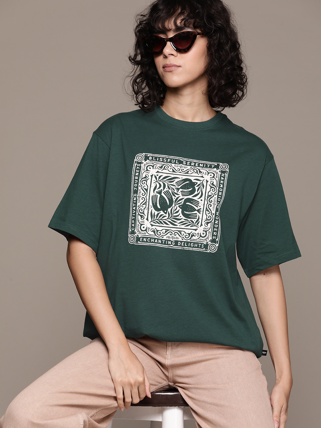 

The Roadster Lifestyle Co Women Printed Pure Cotton T-shirt, Green
