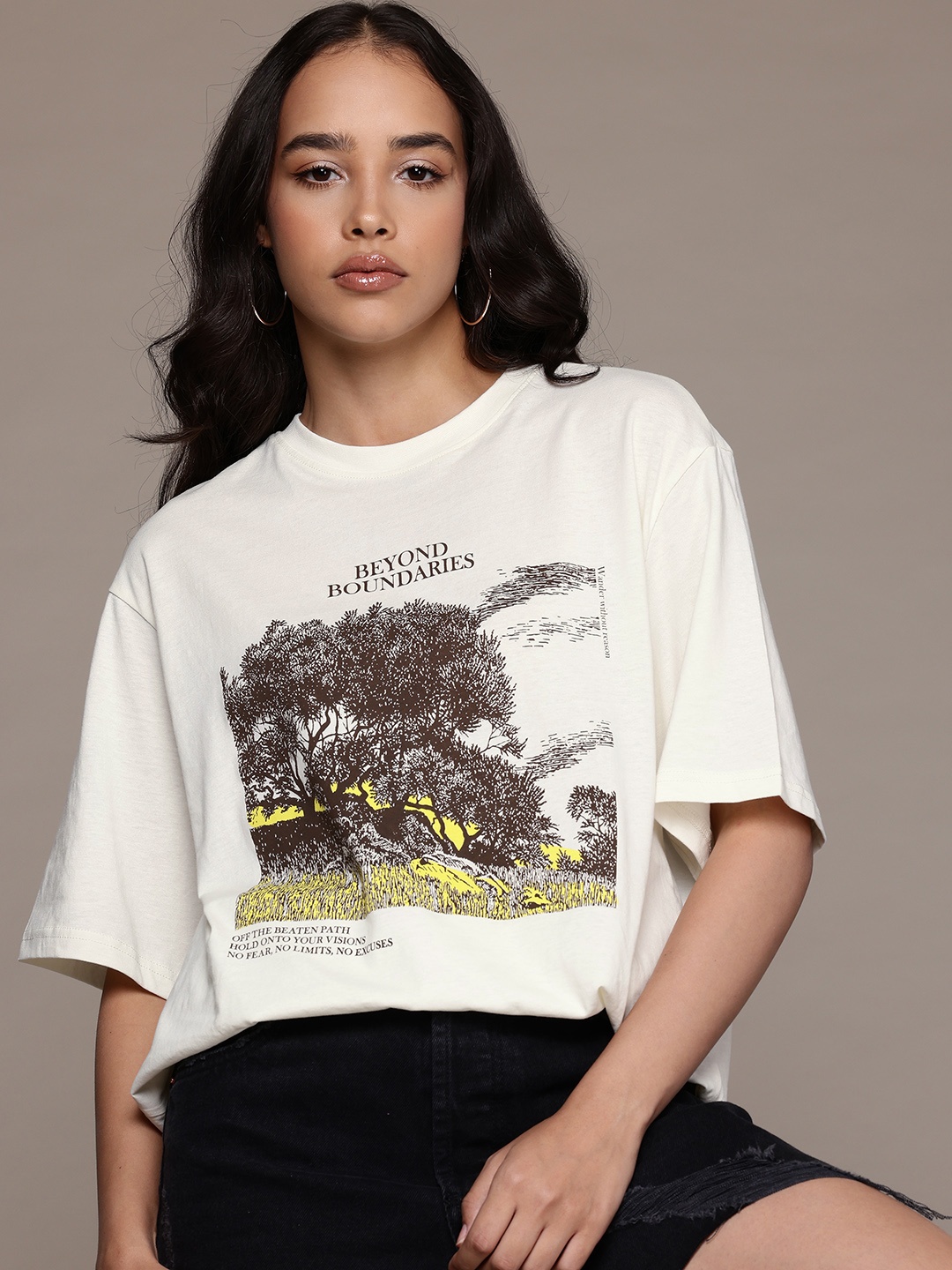 

The Roadster Lifestyle Co. Printed Oversize Pure Cotton T-shirt, Off white