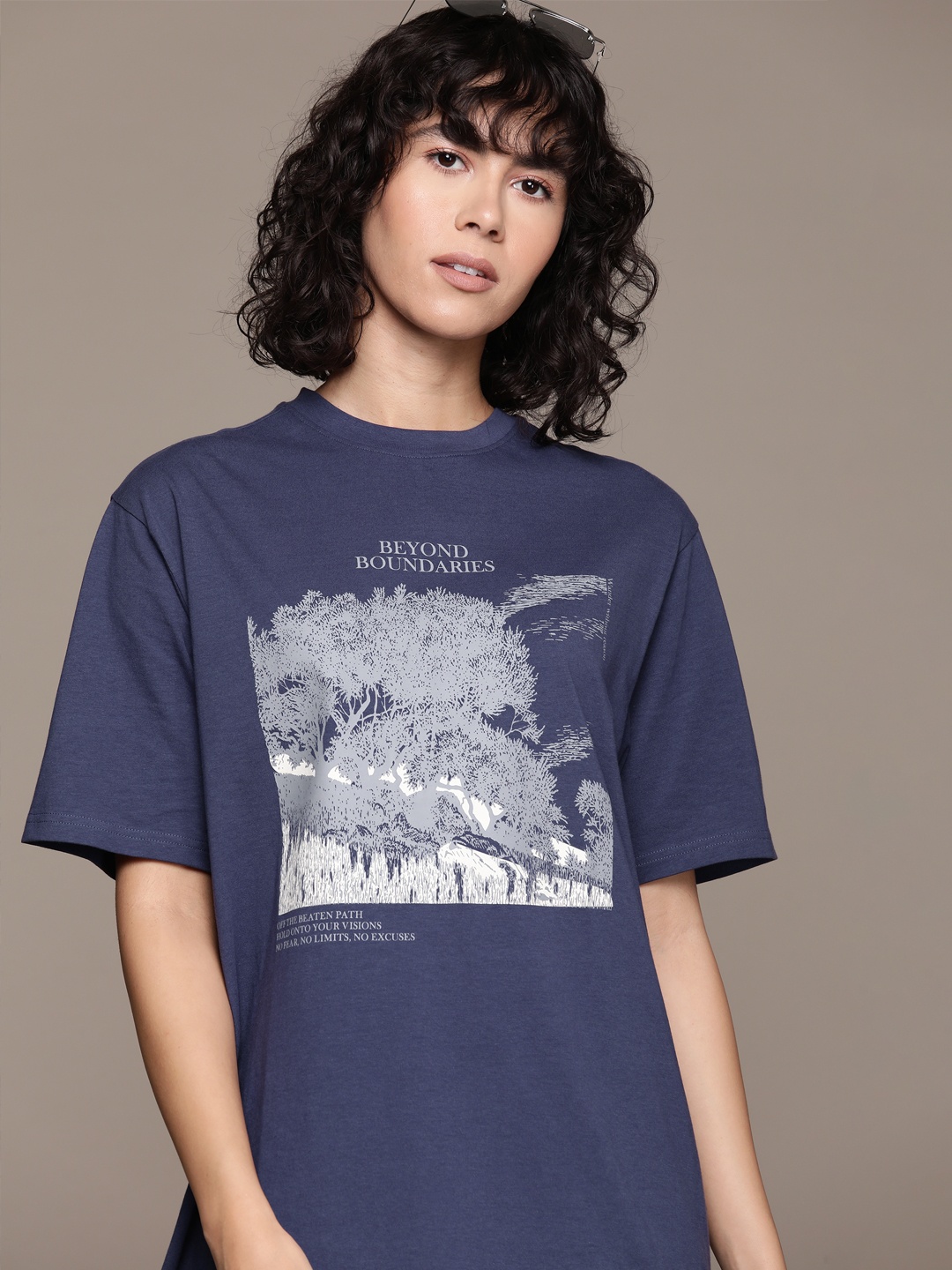 

The Roadster Lifestyle Co Women Printed Pure Cotton T-shirt, Navy blue