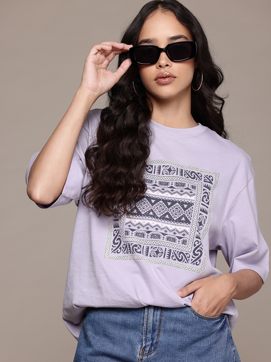 

The Roadster Lifestyle Co. Tribal Print Oversize Pure Cotton T-shirt, Lavender