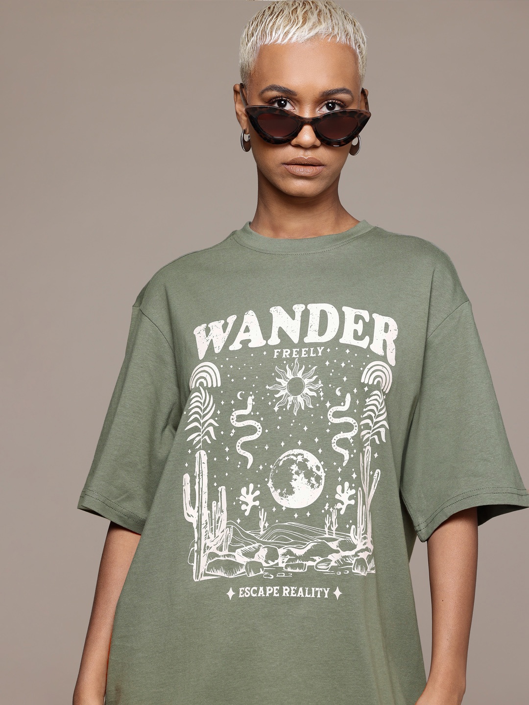 

The Roadster Lifestyle Co. Printed Drop-Shoulder Sleeves Pure Cotton Oversized T-shirt, Olive