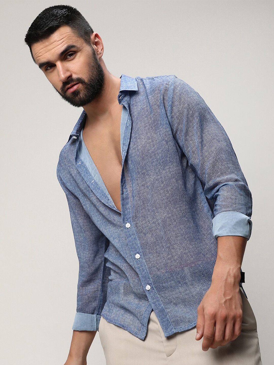 

Campus Sutra Gauzy Heathered Shirt, Blue