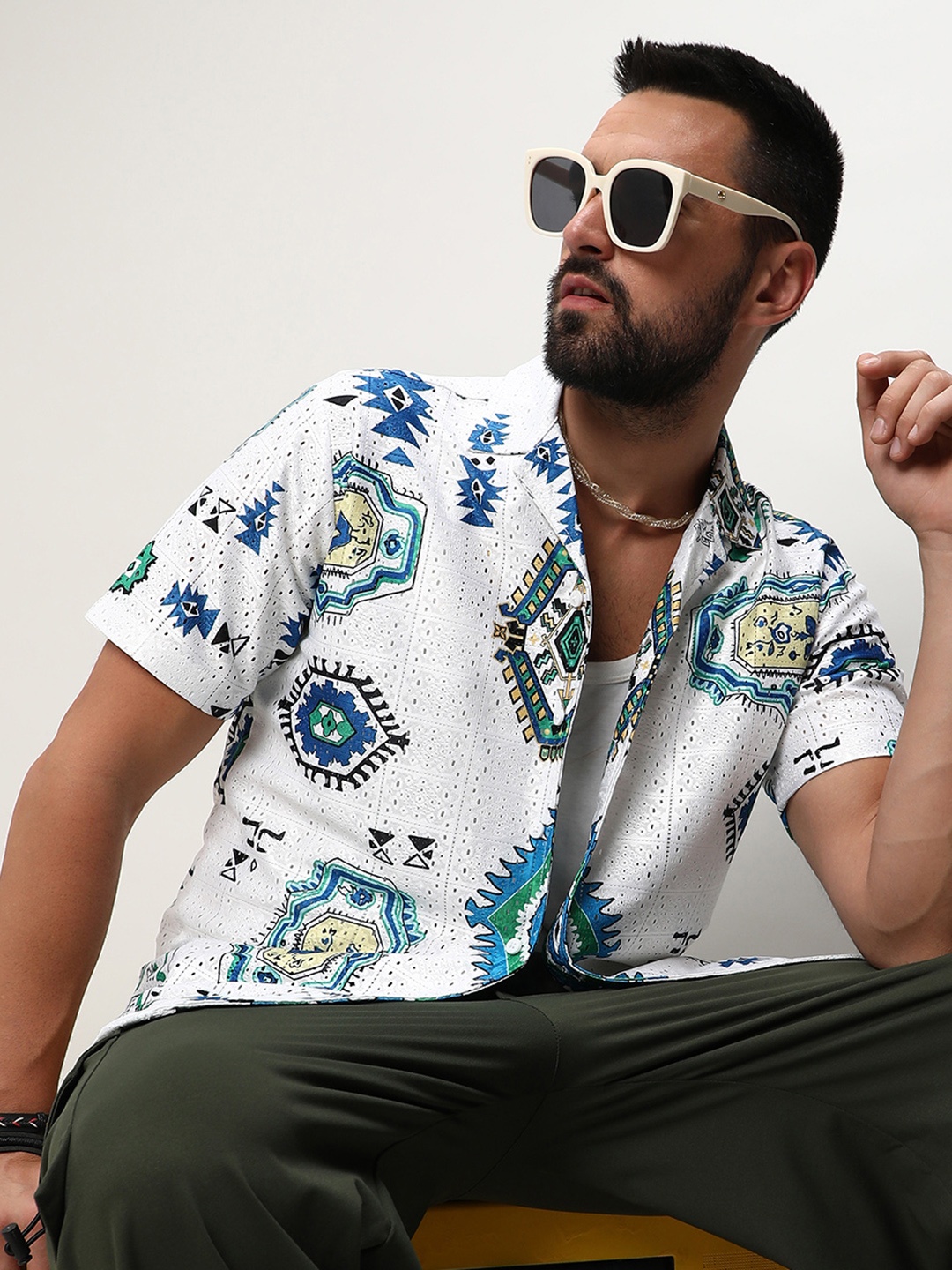 

Campus Sutra Mesh Aztec Shirt, White