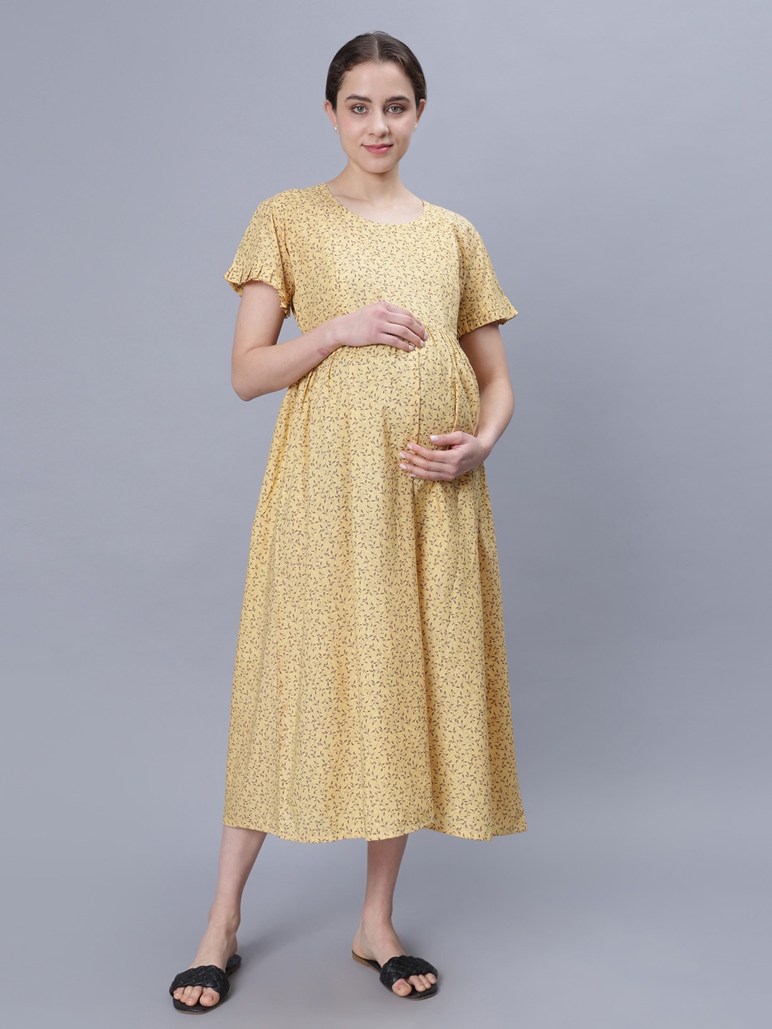 

NIGHTSPREE Floral Printed Cotton Maternity A-Line Midi Dress, Yellow