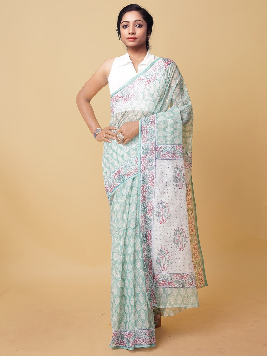 

Unnati Silks Ethnic Motifs Silk Cotton Handloom Kota Saree, Green