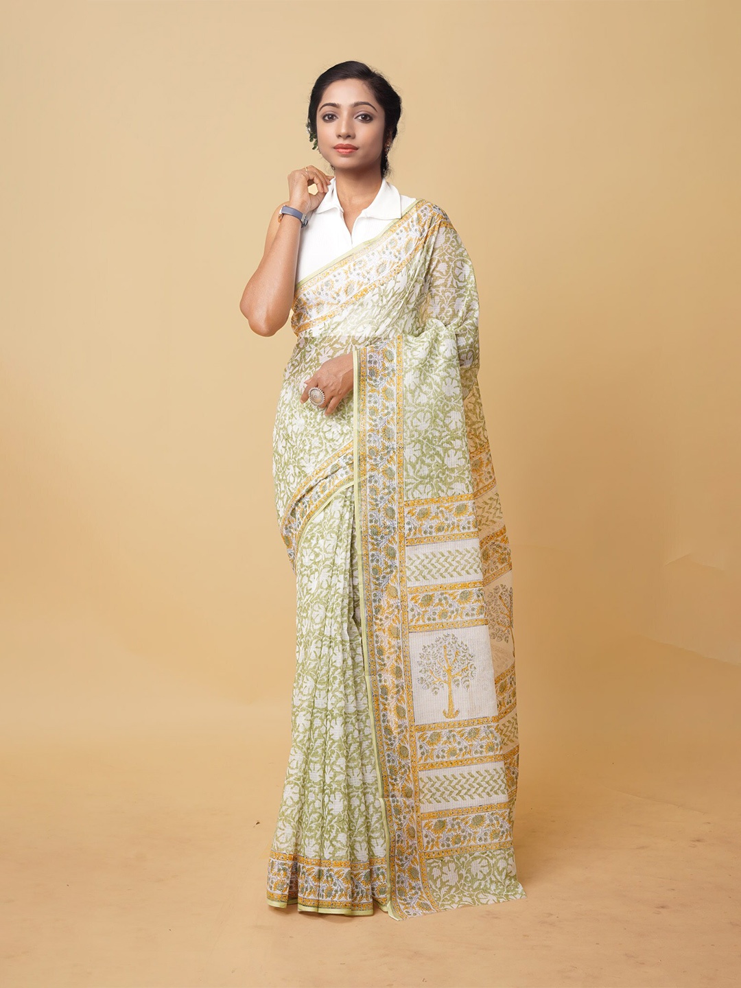 

Unnati Silks Ethnic Motifs Silk Cotton Handloom Kota Saree, Green