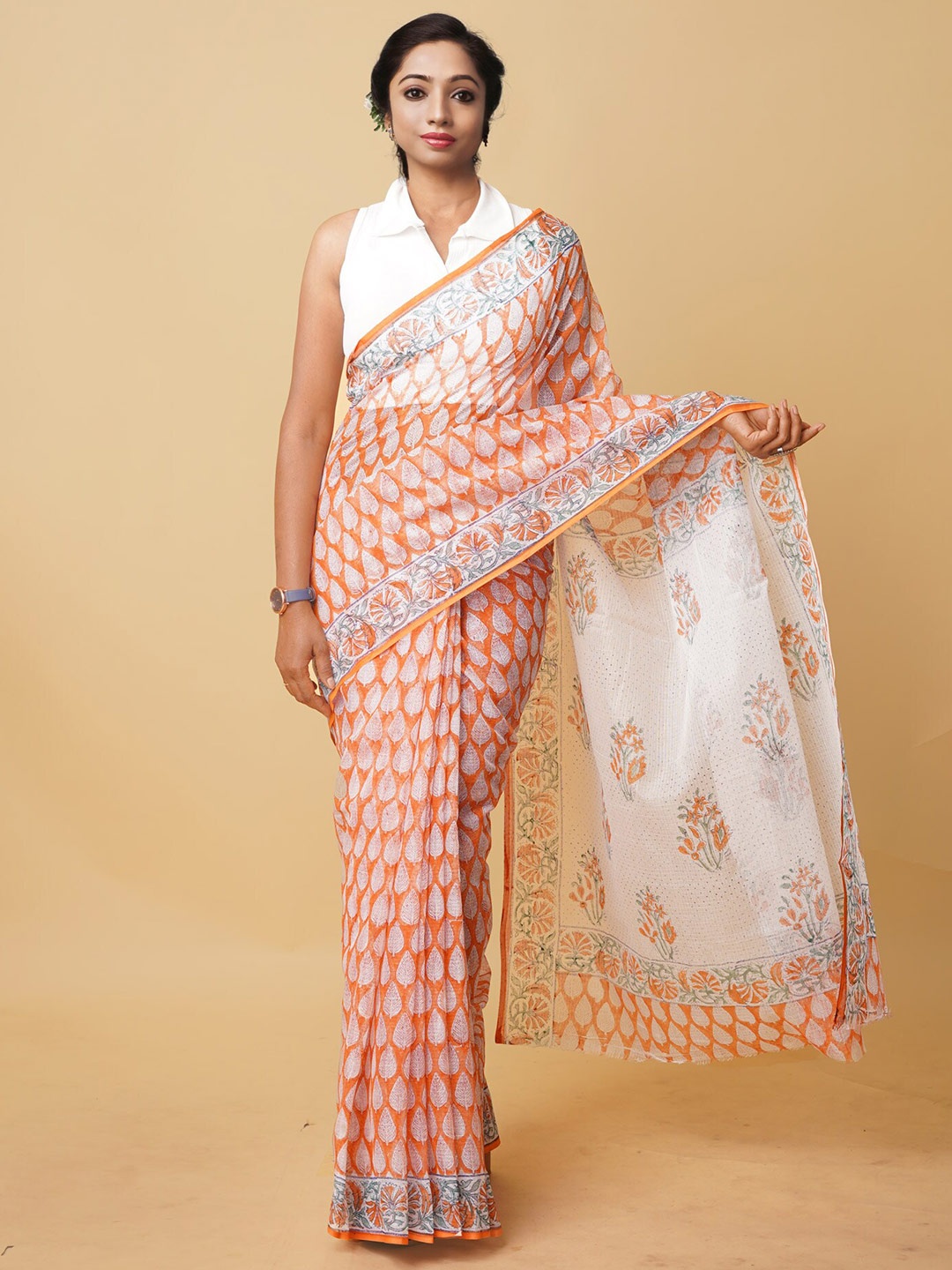 

Unnati Silks Ethnic Motifs Silk Cotton Handloom Kota Saree, Orange