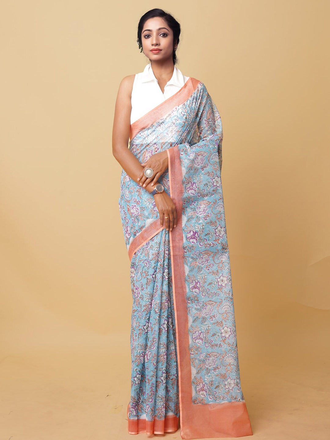

Unnati Silks Floral Block Printed Silk Cotton Kota Saree, Blue