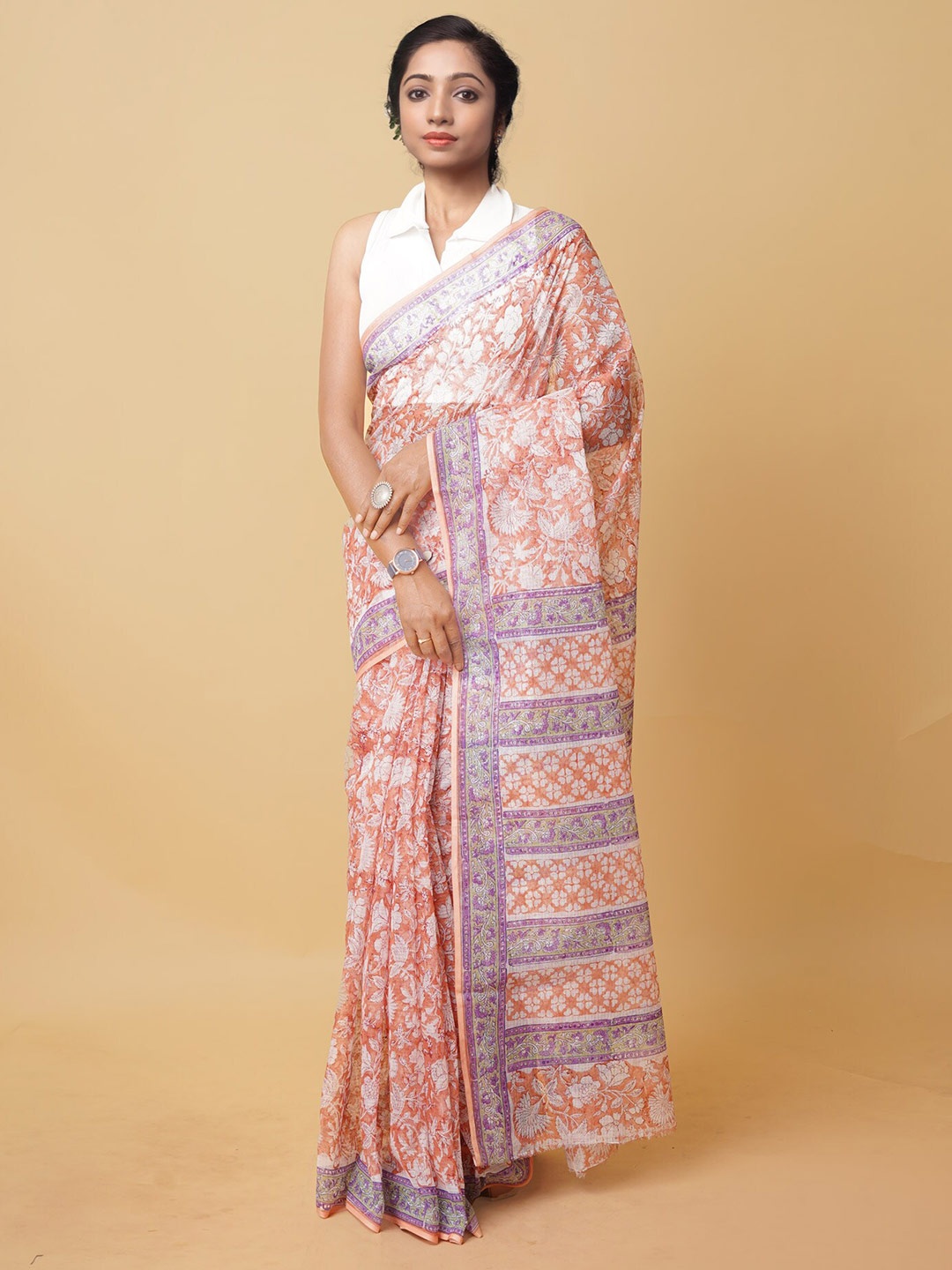 

Unnati Silks Floral Block Printed Silk Cotton Kota Saree, Orange