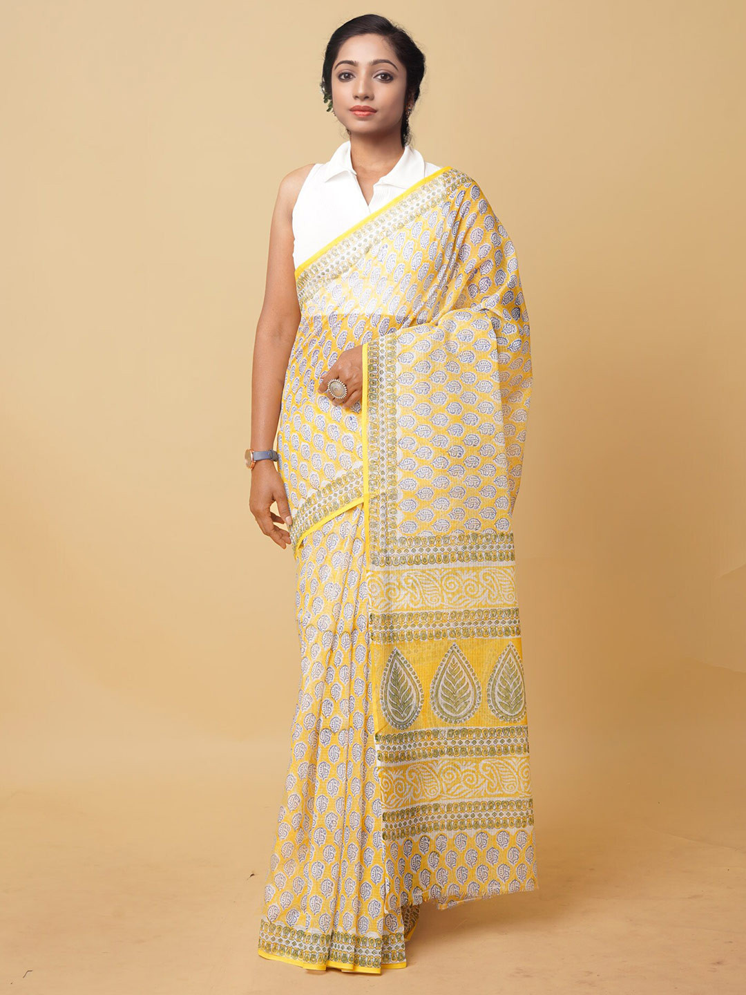 

Unnati Silks Ethnic Motifs Printed Silk Cotton Handloom Kota Saree, Yellow
