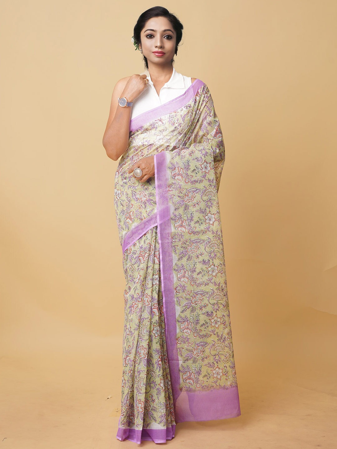 

Unnati Silks Floral Block Printed Silk Cotton Kota Saree, Green