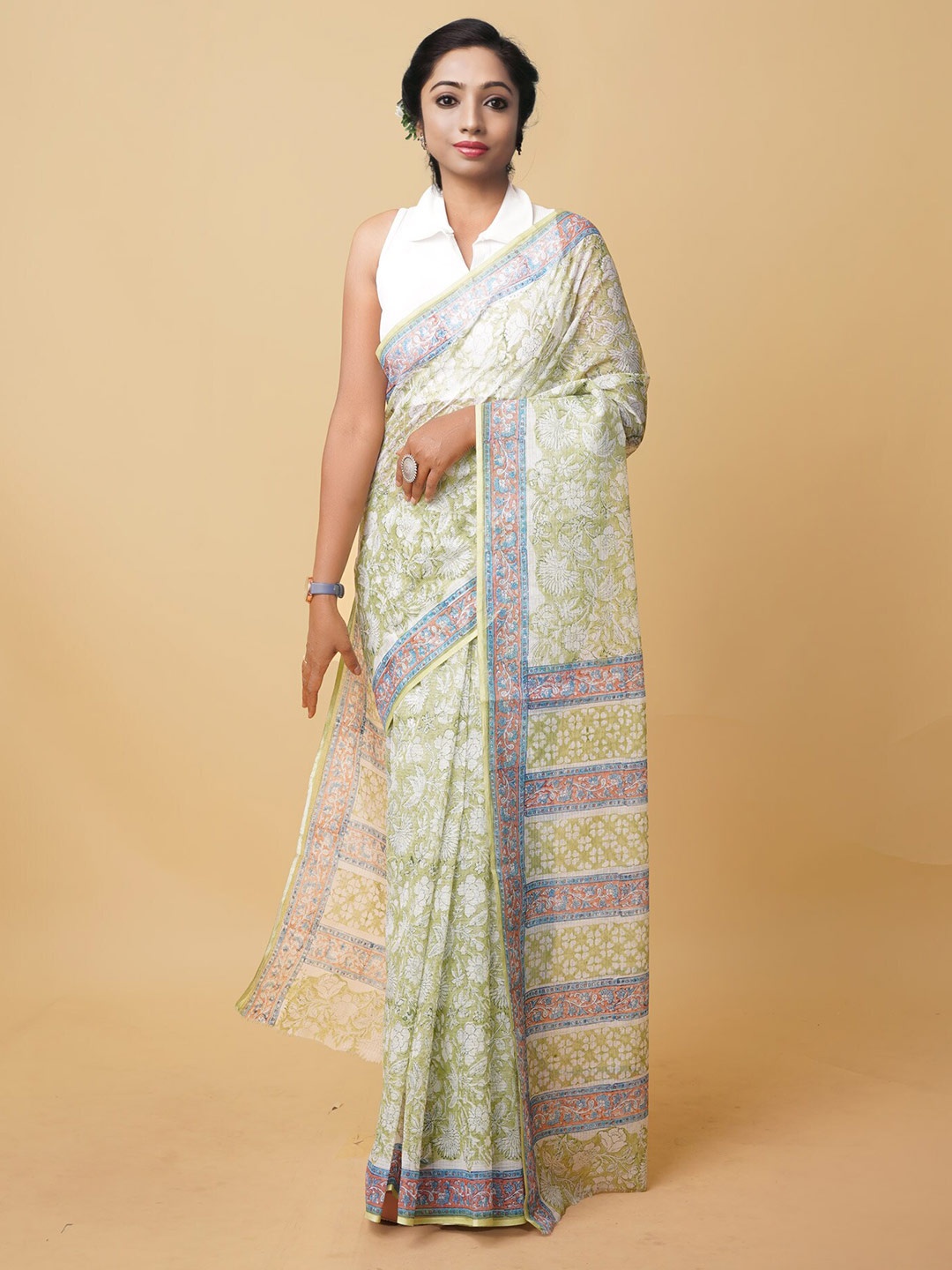 

Unnati Silks Floral Block Printed Silk Cotton Kota Saree, Green