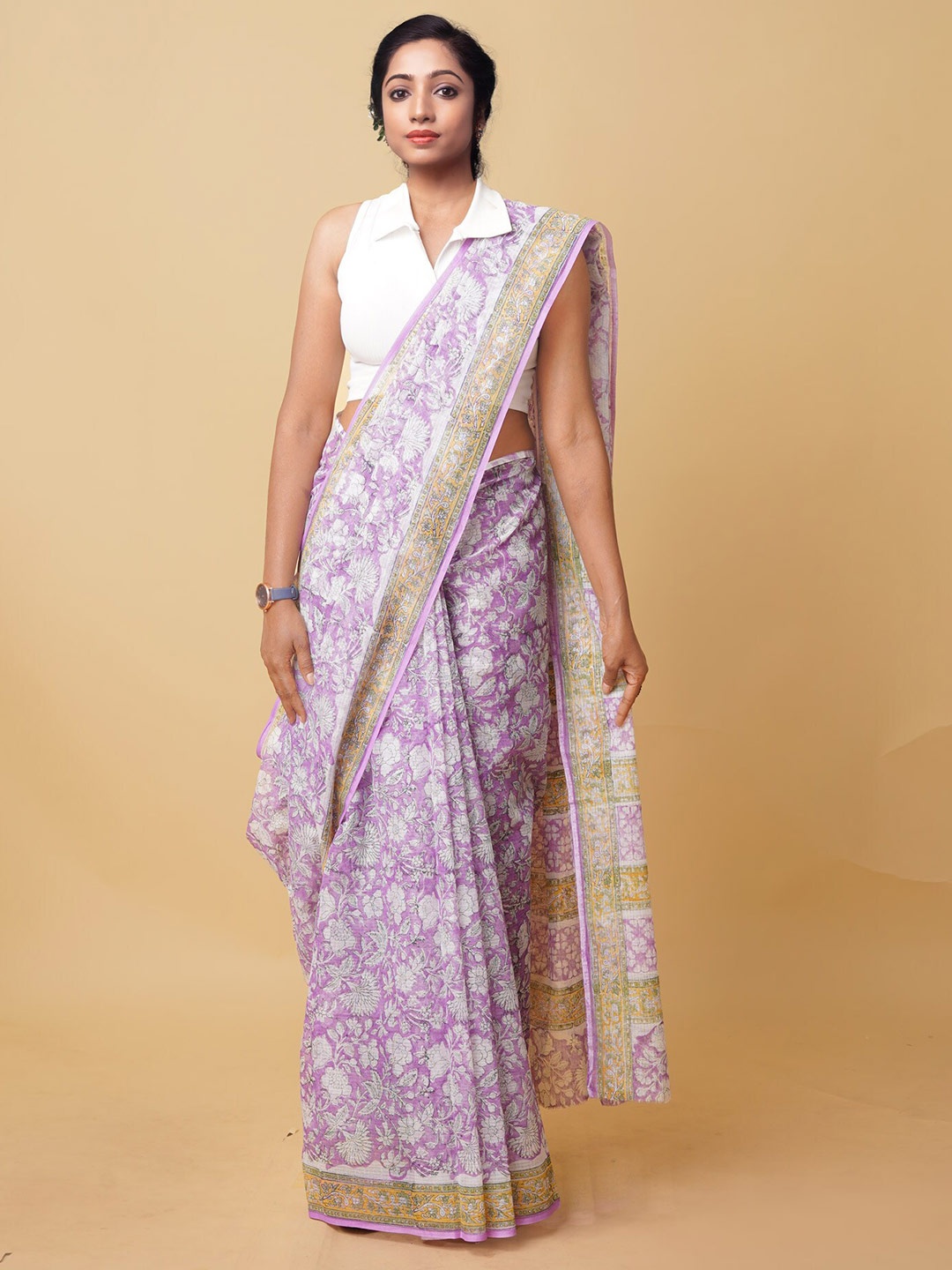 

Unnati Silks Floral Block Printed Silk Cotton Kota Saree, Purple