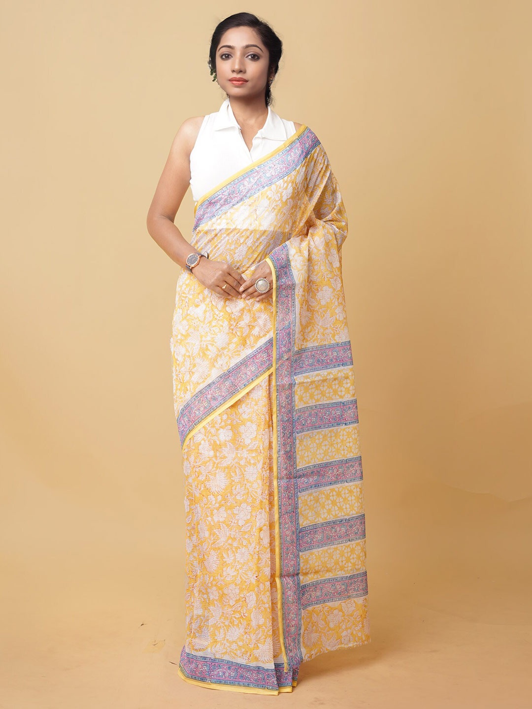 

Unnati Silks Floral Block Printed Silk Cotton Kota Saree, Yellow