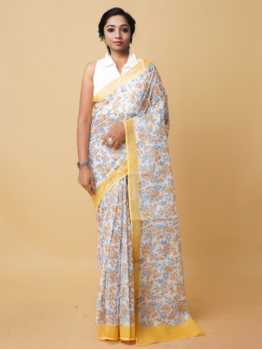 

Unnati Silks Floral Block Printed Silk Cotton Kota Saree, White