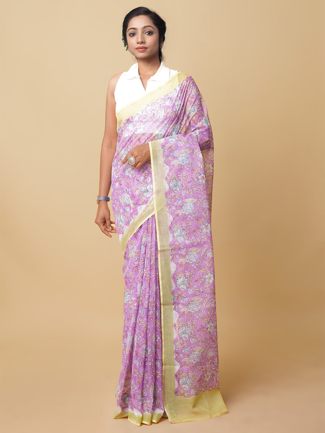 

Unnati Silks Ethnic Motifs Printed Silk Cotton Handloom Kota Saree, Purple