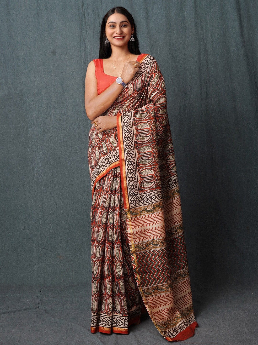 

Unnati Silks Paisley Printed Zari Silk Cotton Chanderi Sico Saree, Red