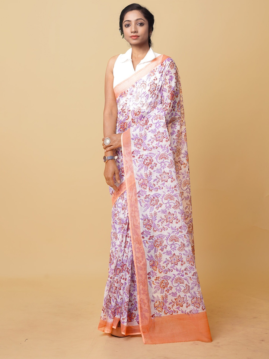 

Unnati Silks Floral Printed Silk Cotton Handloom Kota Saree, White