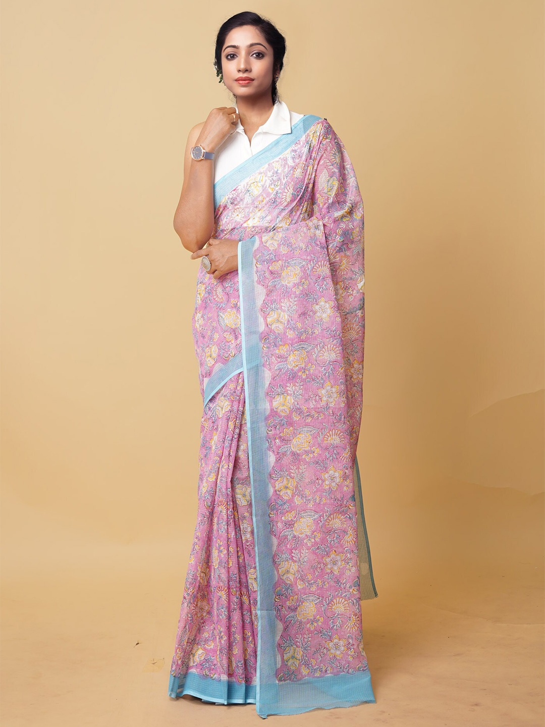 

Unnati Silks Floral Printed Silk Cotton Handloom Kota Saree, Pink