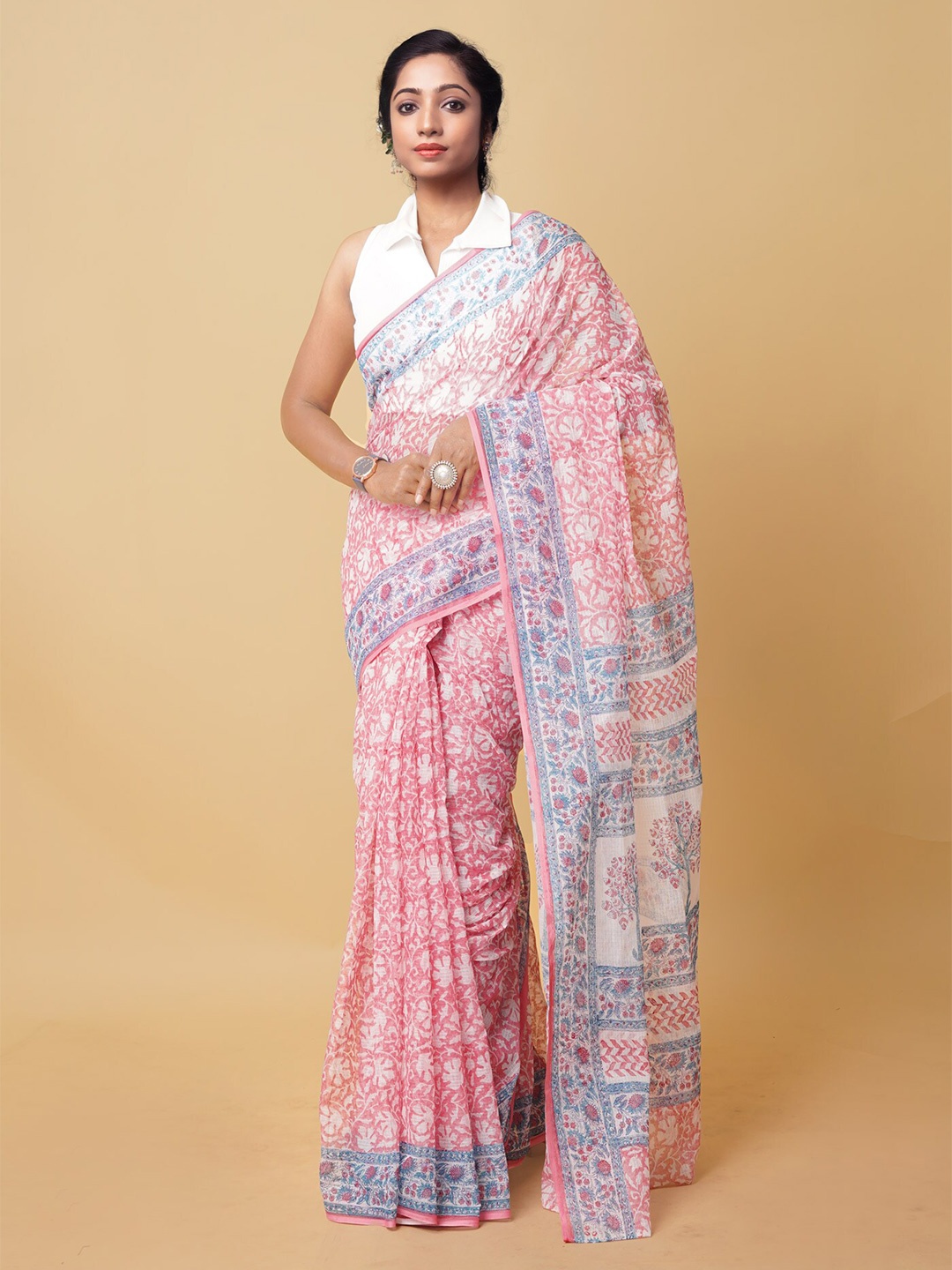 

Unnati Silks Flora Block Printed Silk Cotton Handloom Kota Saree, Pink