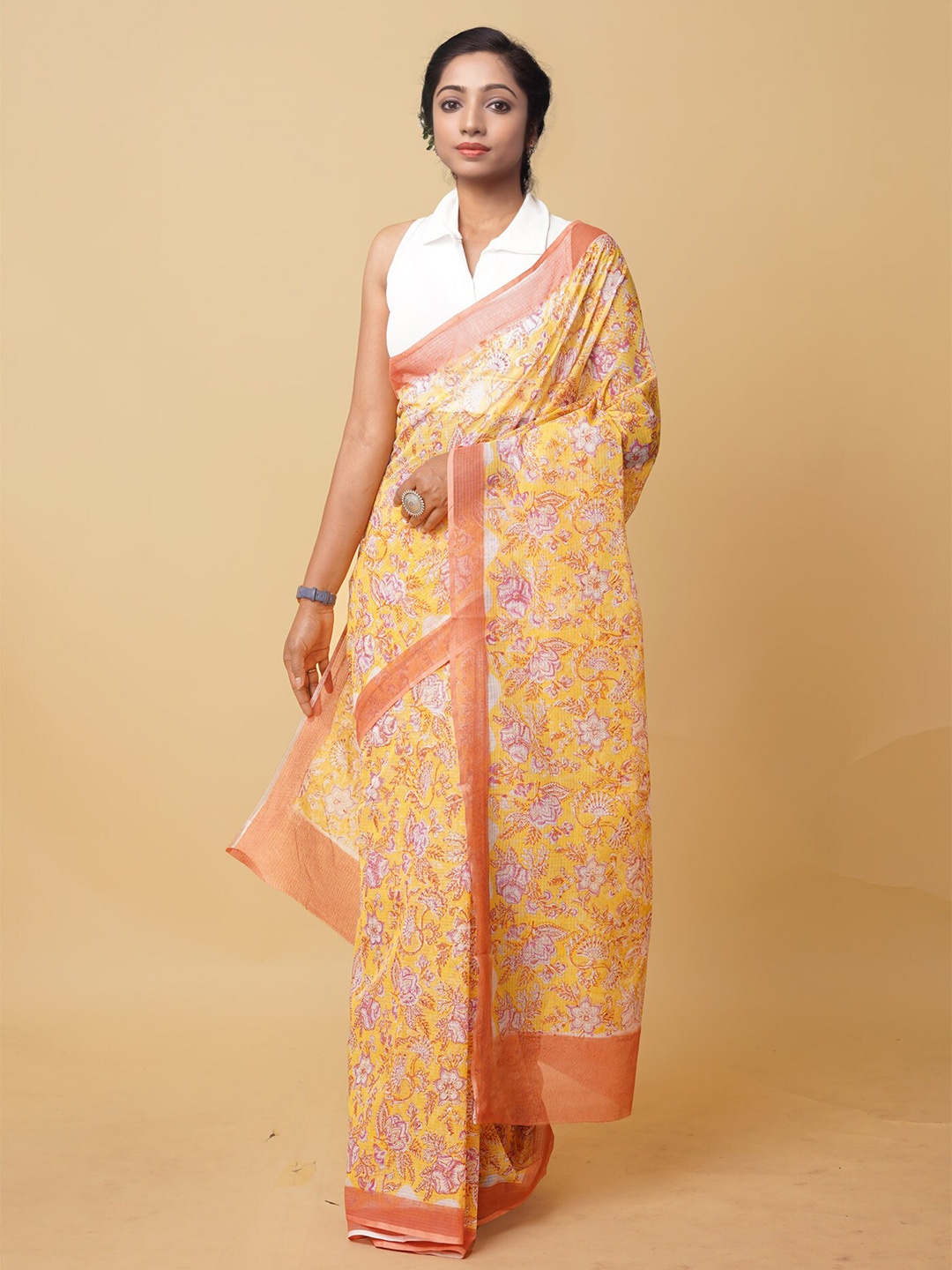 

Unnati Silks Floral Block Printed Silk Cotton Kota Saree, Yellow