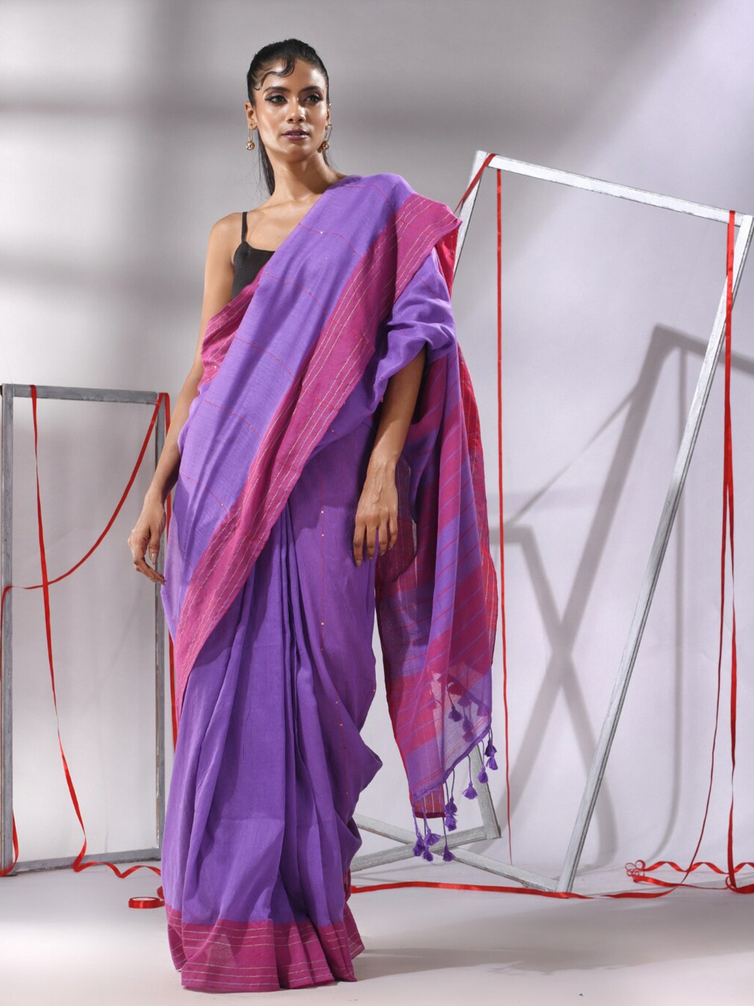 

Charukriti Striped Pure Cotton Saree, Violet