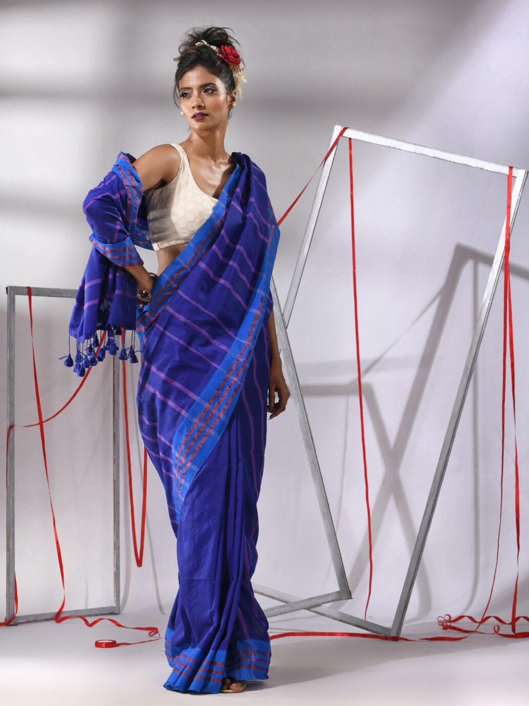 

Charukriti Striped Zari Pure Cotton Saree, Navy blue